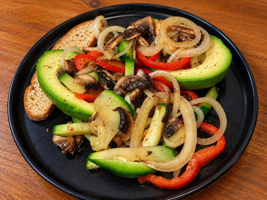 Aguacate relleno con hongos, cebolla, chile dulce y zucchini salteados, servido con pan