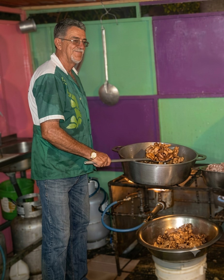 Don Luis Varela stirring chicharrón with his paddle at a village fair stall