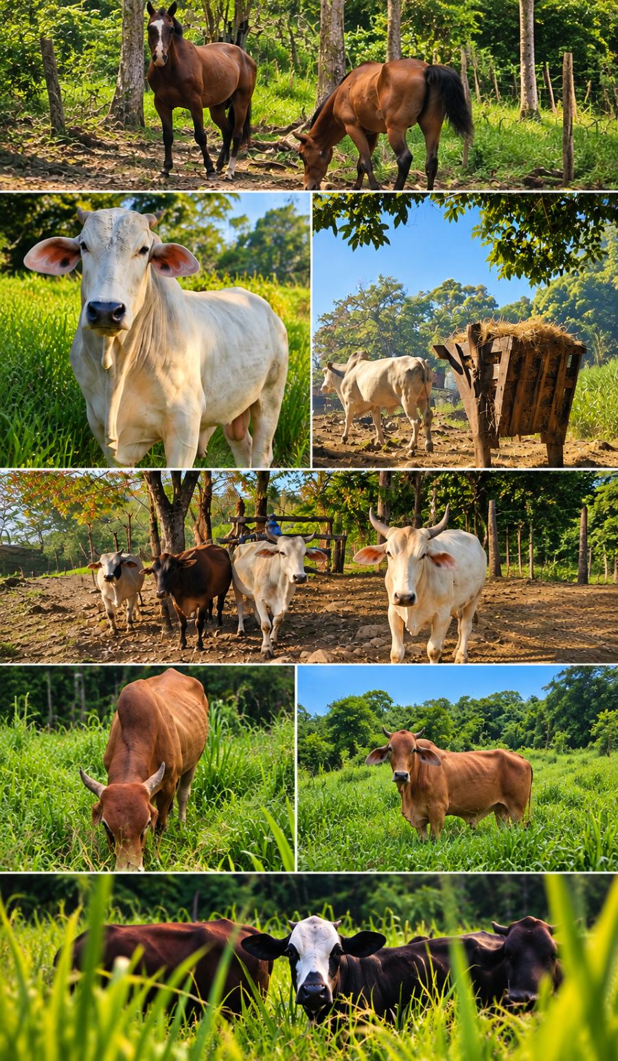 Ganado de la Finca Don Luis en Guacimal: vacas y caballos en potrero, y el comedero de la finca
