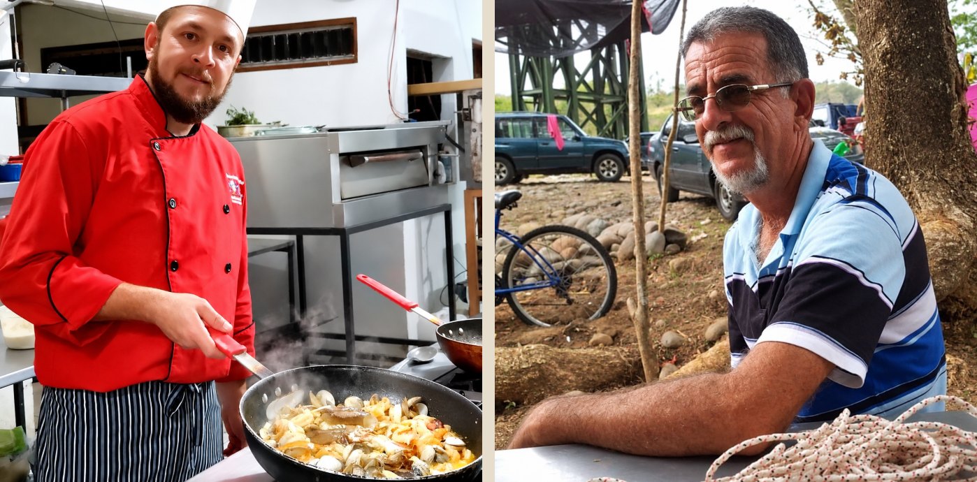 Kenneth Varela cooking in the restaurant kitchen and his father Don Luis Varela at a village fair
