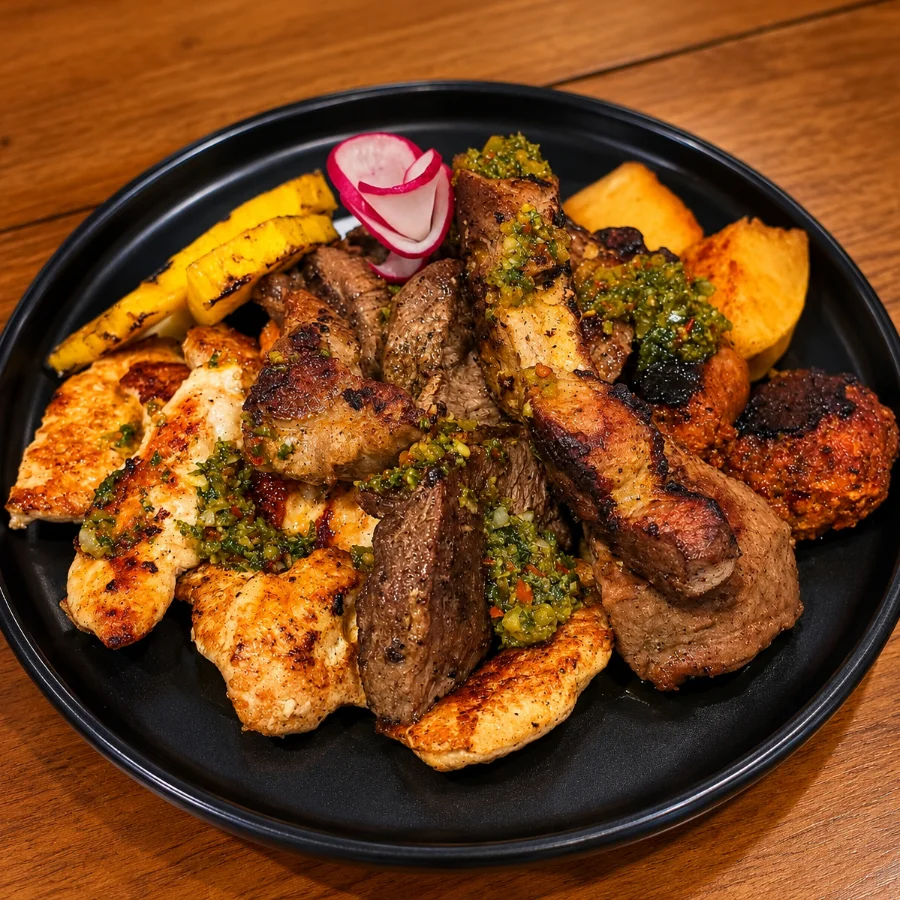 Parrillada Don Luis: pollo, res y cerdo a la parrilla con chimichurri, chorizo, piña asada y papas