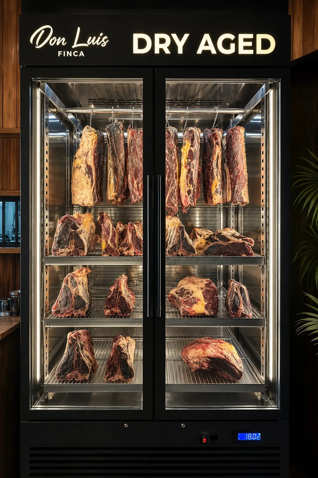 Vitrina Don Luis Finca Dry Aged, con los cortes colgados y en maduración a 18 grados